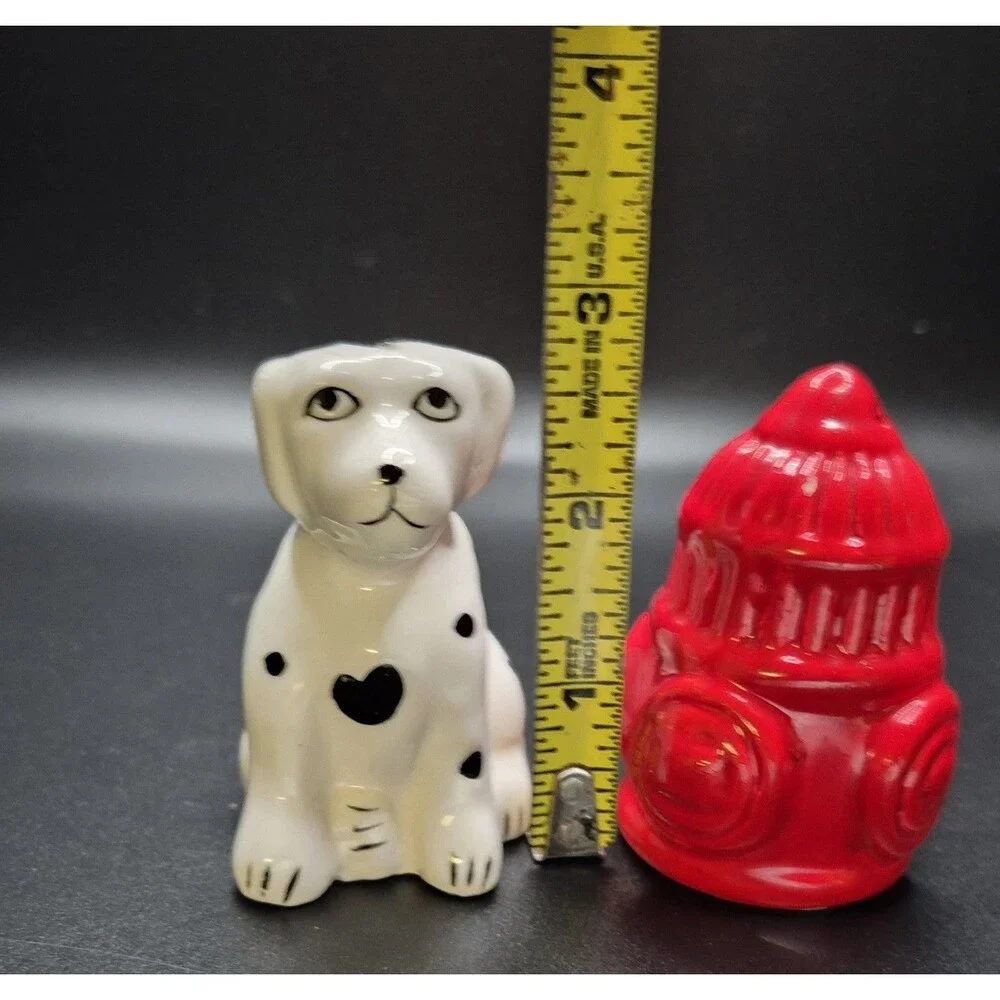 Vintage Salt & Pepper Shakers Figural Dalmation Dog + Fire Hydrant FireFighter